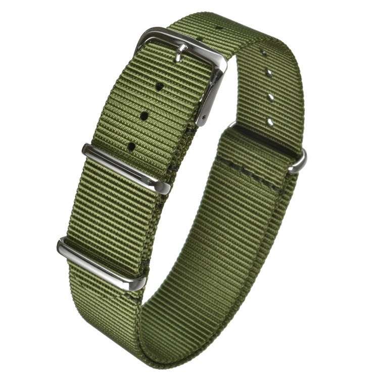 Durable green nylon watch strap with stainless-steel buckle, ideal for casual or outdoor use.