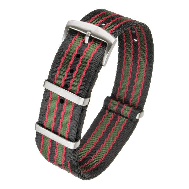 Premium Seatbelt Military Watch Strap with durable woven design in black and red stripes.