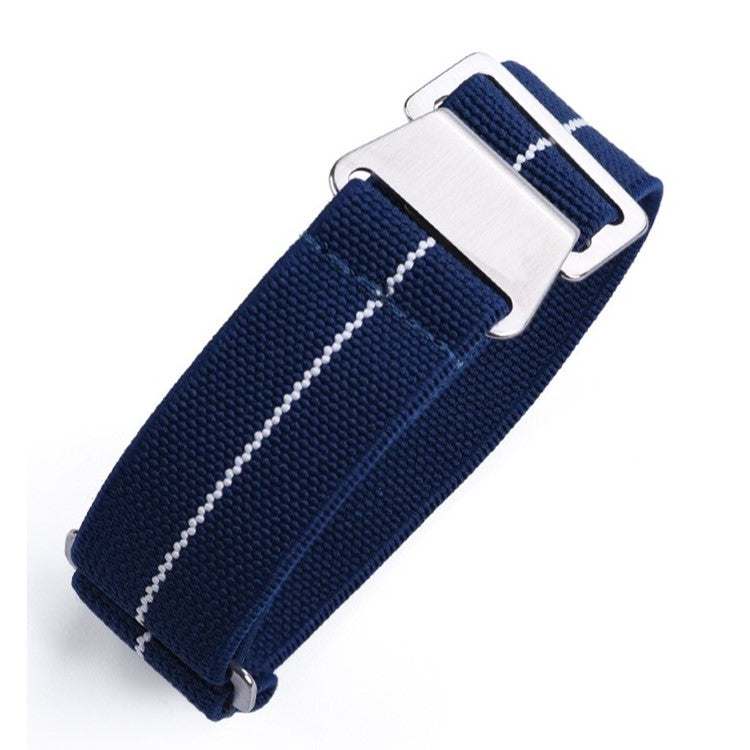 Premium parachute elastic watch strap in navy blue with white stripe, military-inspired design.