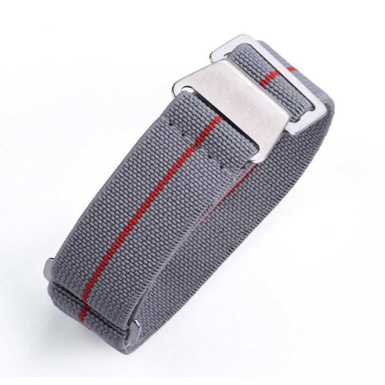 Military-inspired premium parachute elastic watch strap with gray and red design.