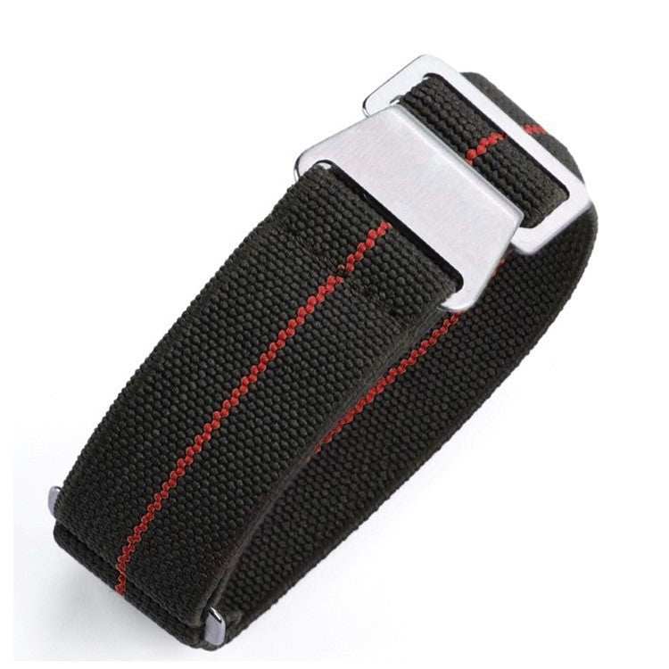 Military-inspired parachute elastic watch strap with red stitching and polished clasp.