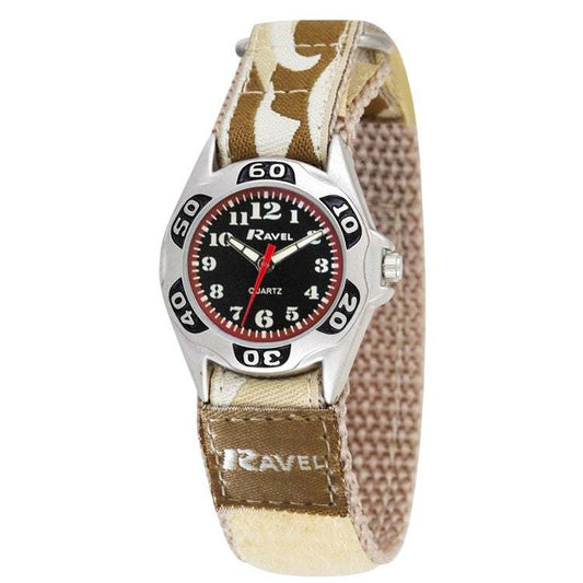 Ravel Kids Camouflage Cream/Brown Velcro Watch with Arabic Dial and Satin Silver Case.