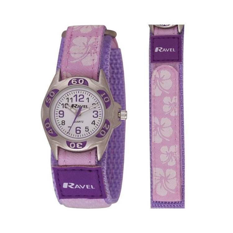 Ravel Kids Purple Flower Watch with Floral Velcro Strap, vibrant hibiscus design, full Arabic dial, durable silver case.