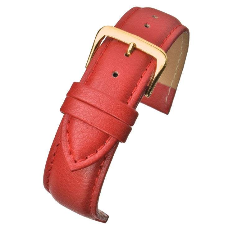 Red padded buffalo grain leather watch strap with gold buckle, durable and affordable.