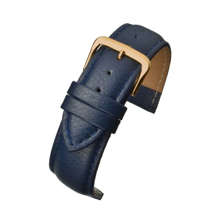 Padded buffalo grain leather watch strap with color-matched stitching and gold buckle.