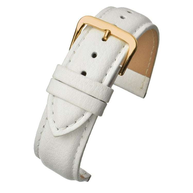 Padded buffalo grain leather watch strap with color-matched stitching and gold buckle.