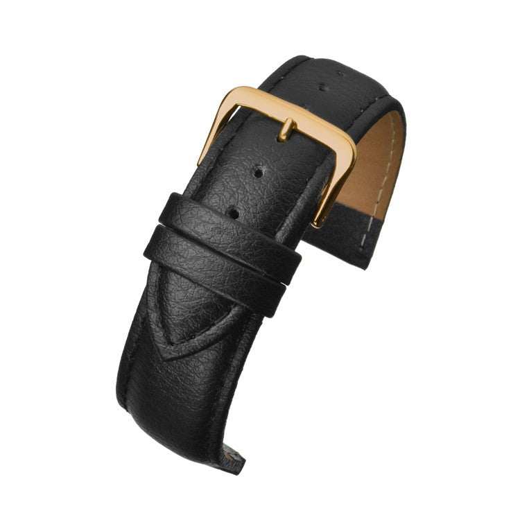 Padded buffalo grain leather watch strap with color-matched stitching and gold buckle.