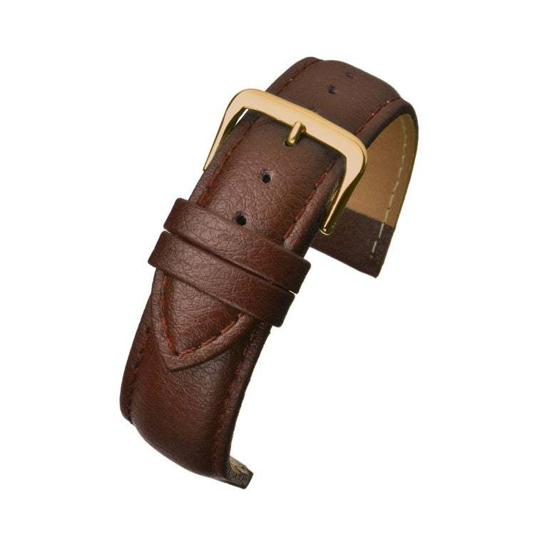 Padded buffalo grain leather watch strap with gold buckle, durable and affordable.