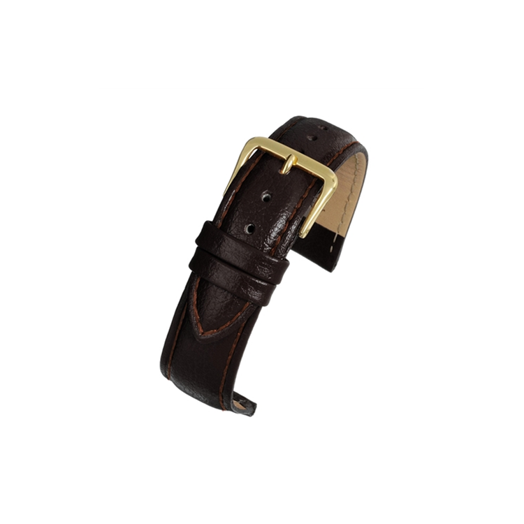 Padded buffalo grain leather watch strap with color-matched stitching and gold buckle, offering durability and style.