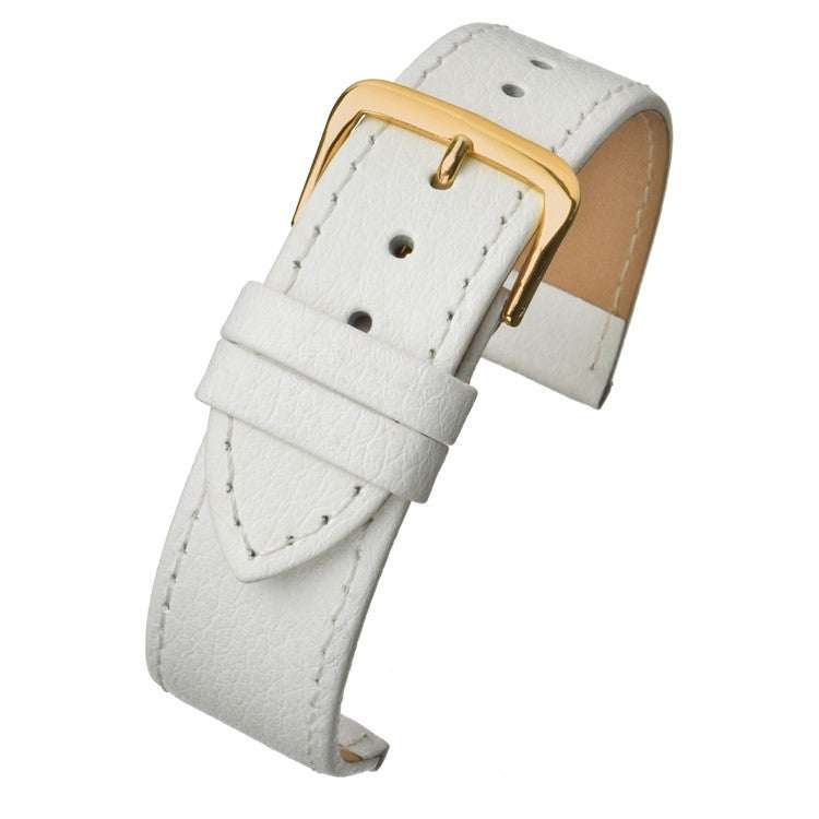 Buffalo grain stitched leather watch strap in white with gold buckle clasp.