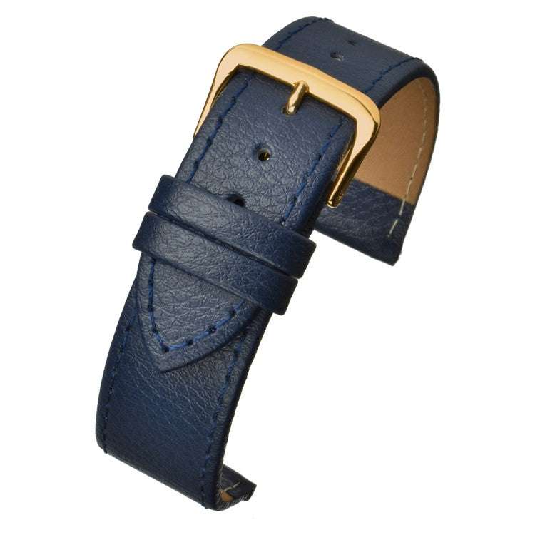 Buffalo grain stitched leather watch strap in blue with gold buckle, classic design.