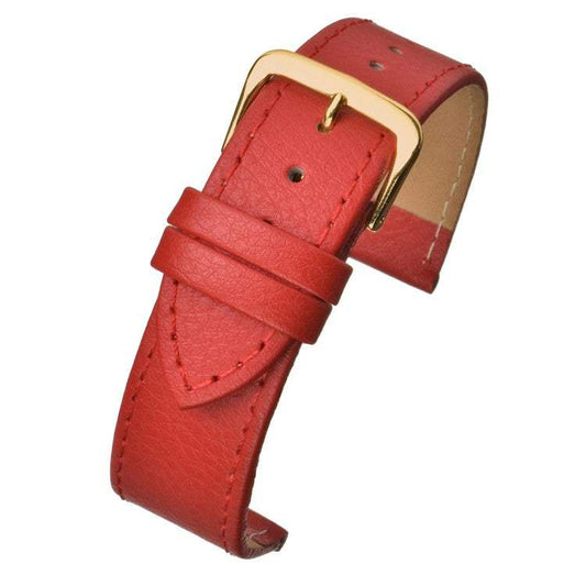 Buffalo grain stitched leather watch strap in red with gold buckle, classic and durable design.