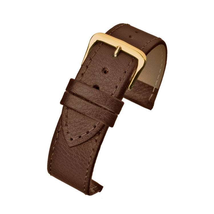 Buffalo grain stitched leather watch strap in brown with gold buckle, classic design.