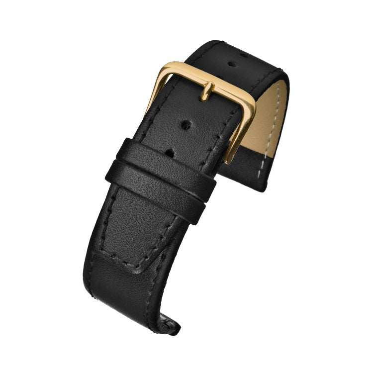 Plain stitched leather watch strap with square end, sleek modern design, durable stitched buckle, black.