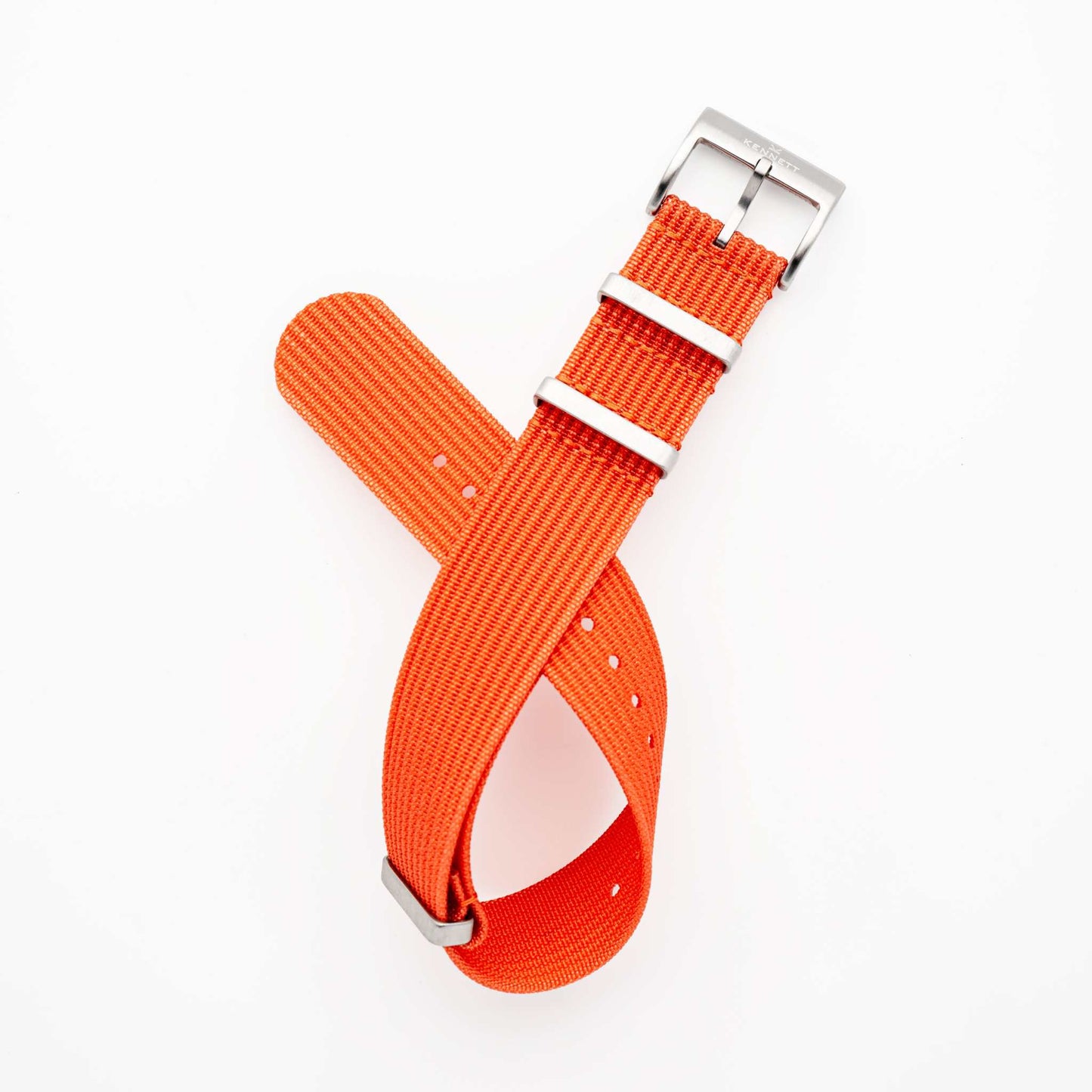 Orange ribbed nylon watch strap with stainless steel buckle, 22mm width.