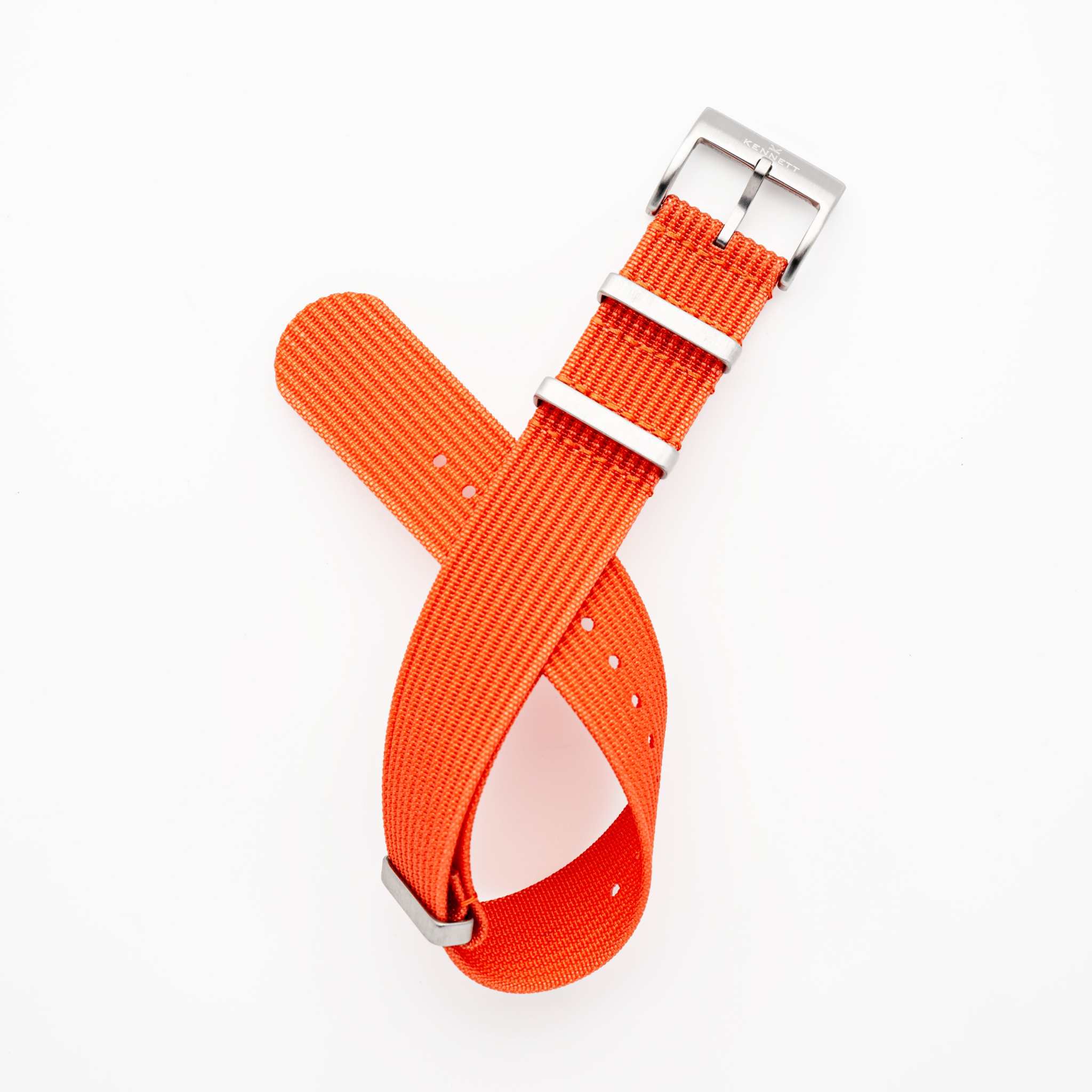 Orange ribbed nylon watch strap with stainless steel buckle, 22mm width.