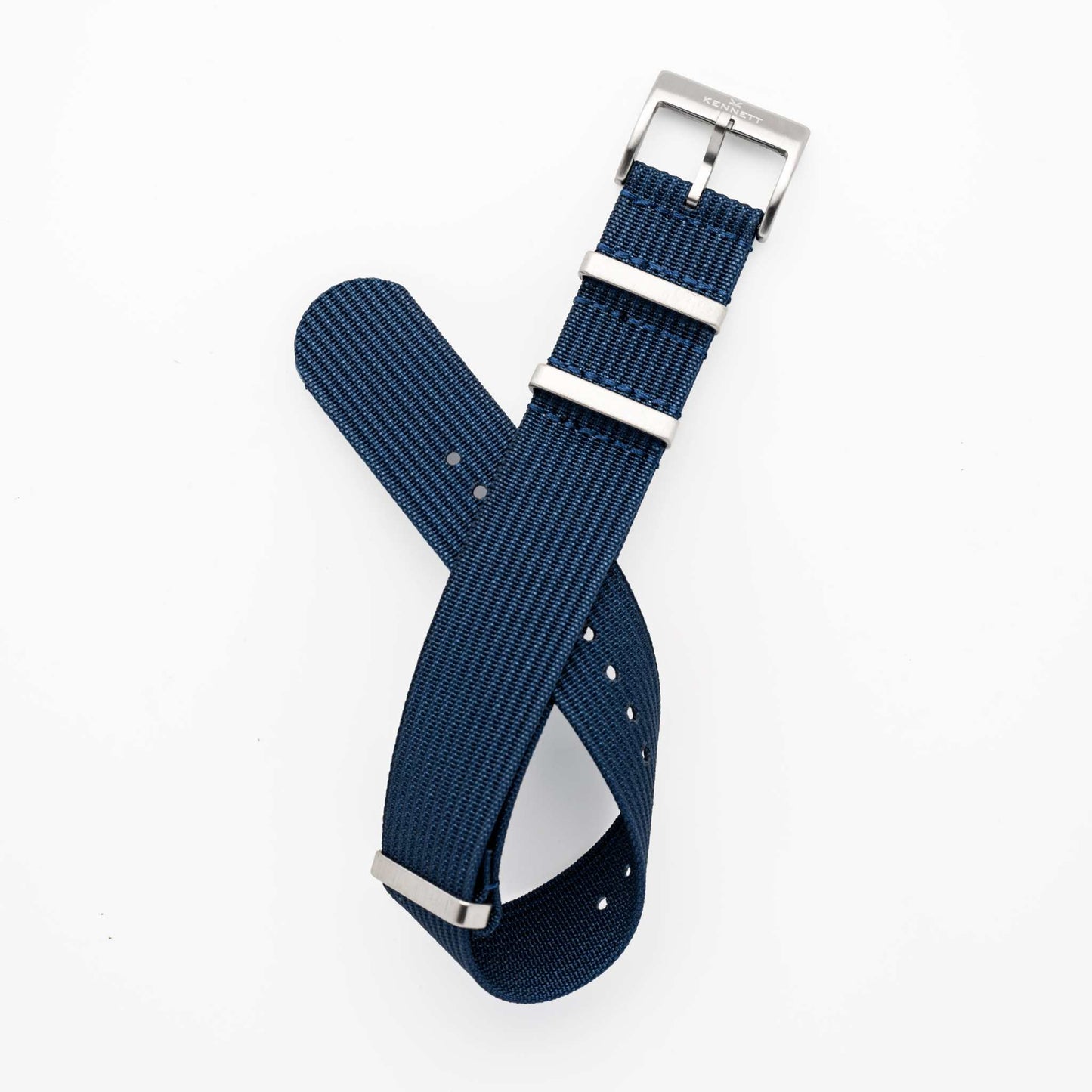 Kennett Nylon Watch Strap with stainless steel buckle, ribbed design, 22mm width, in blue.