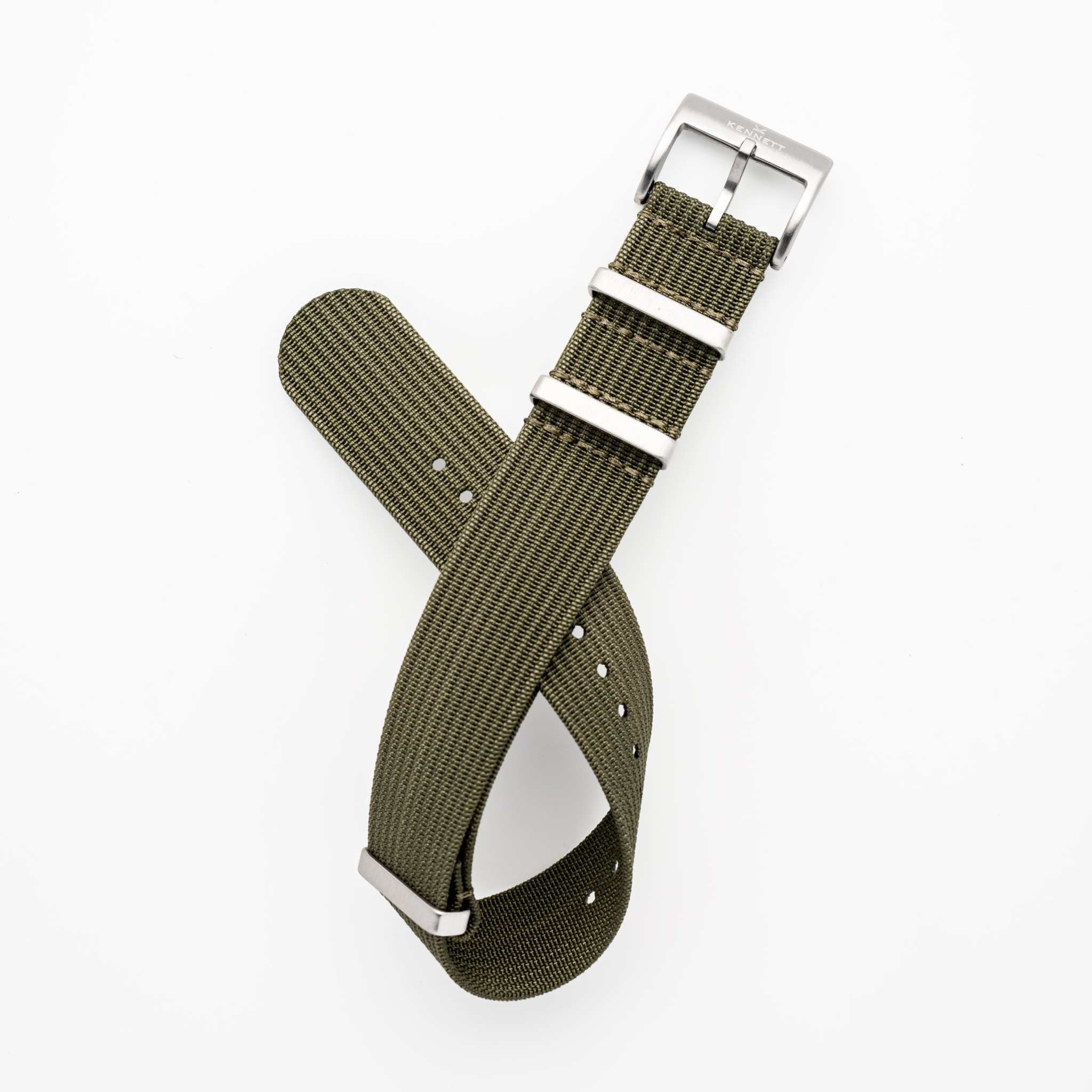 Kennett Nylon Watch Strap, ribbed green NATO design, 22mm width, stainless steel buckle.