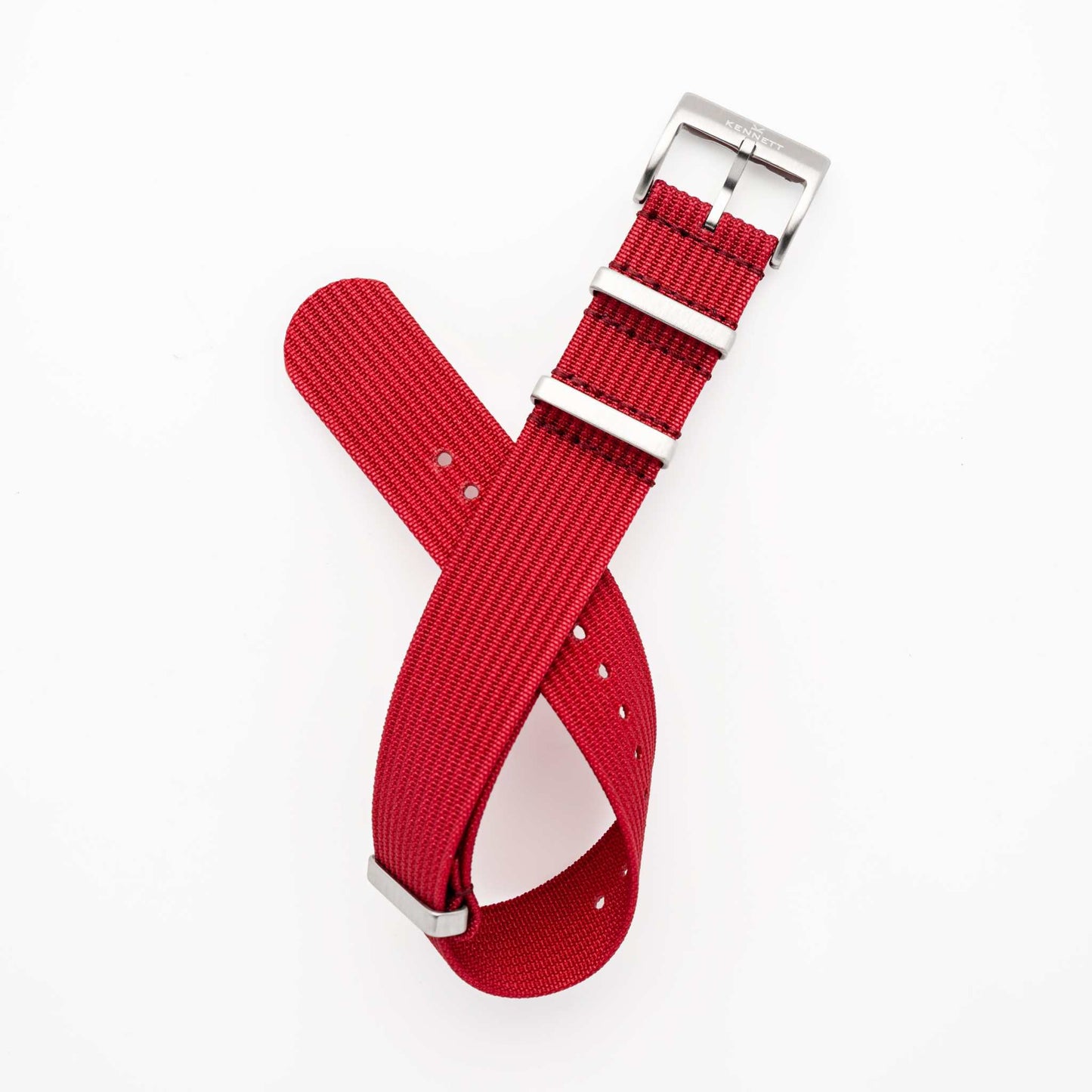 Red Kennett Ribbed Nylon NATO watch strap with stainless steel buckle, 22mm width, durable and stylish.