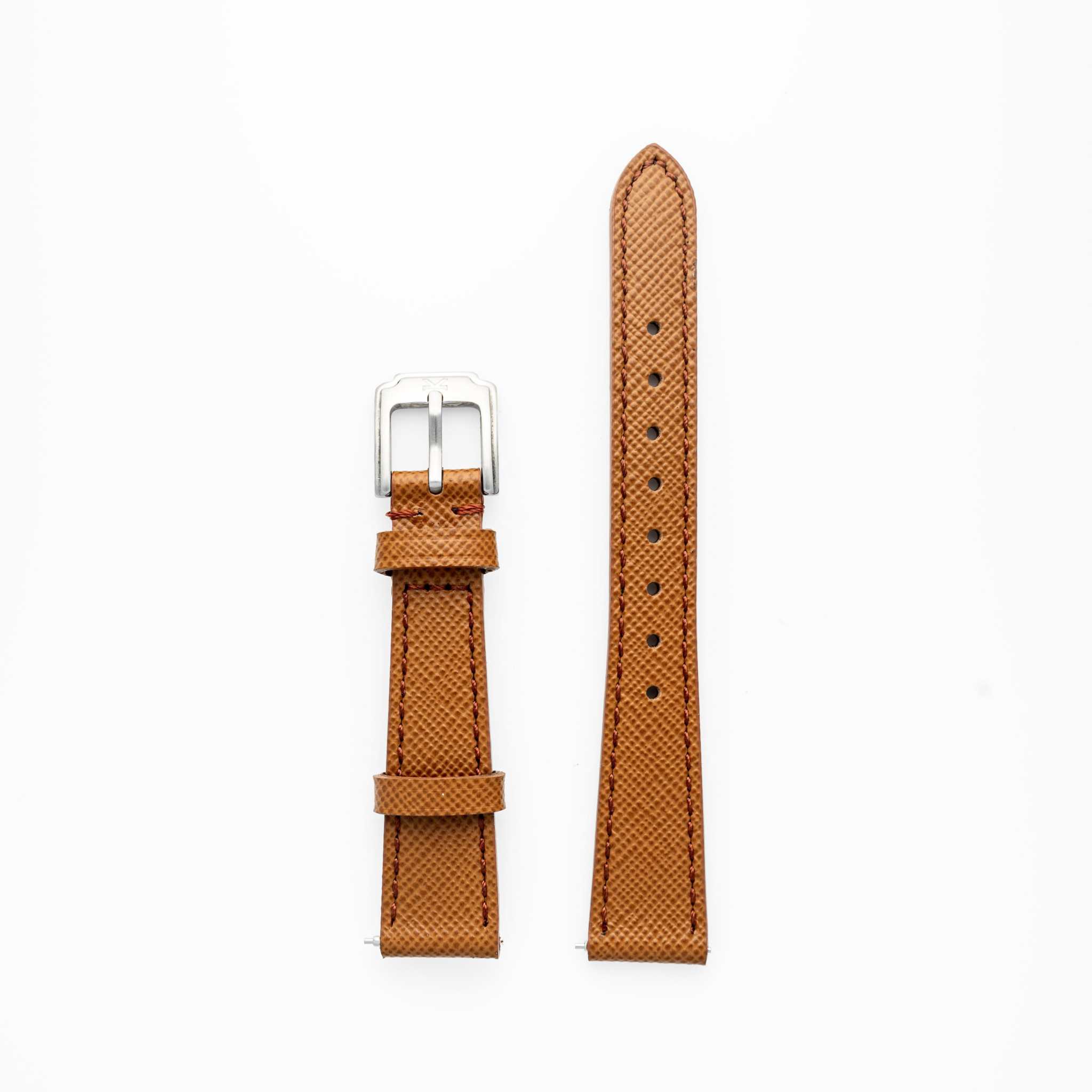 Brown Saffiano leather watch strap with silver buckle, 16MM width, by Kennett.