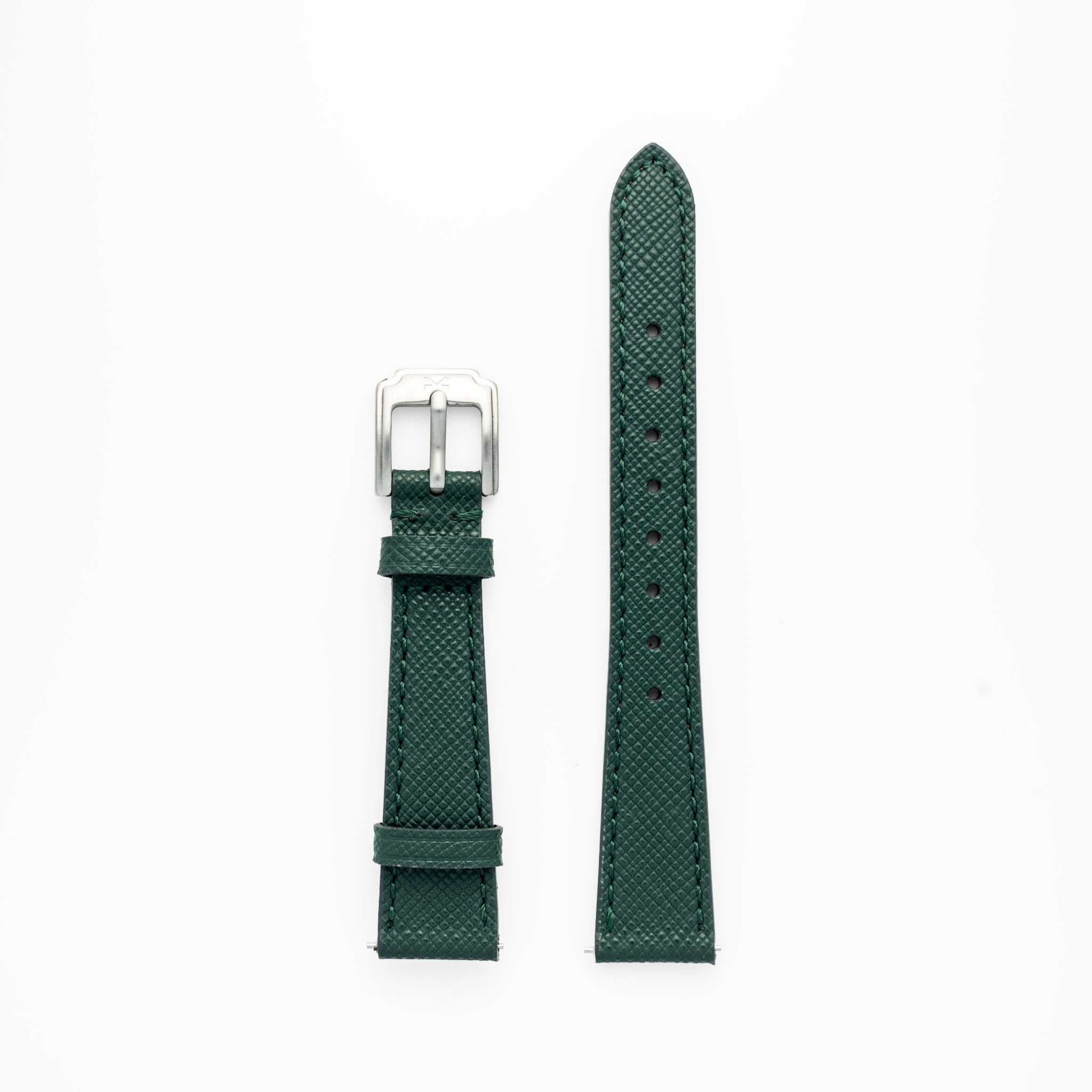 Kennett Saffiano 16MM green leather watch strap with silver buckle.