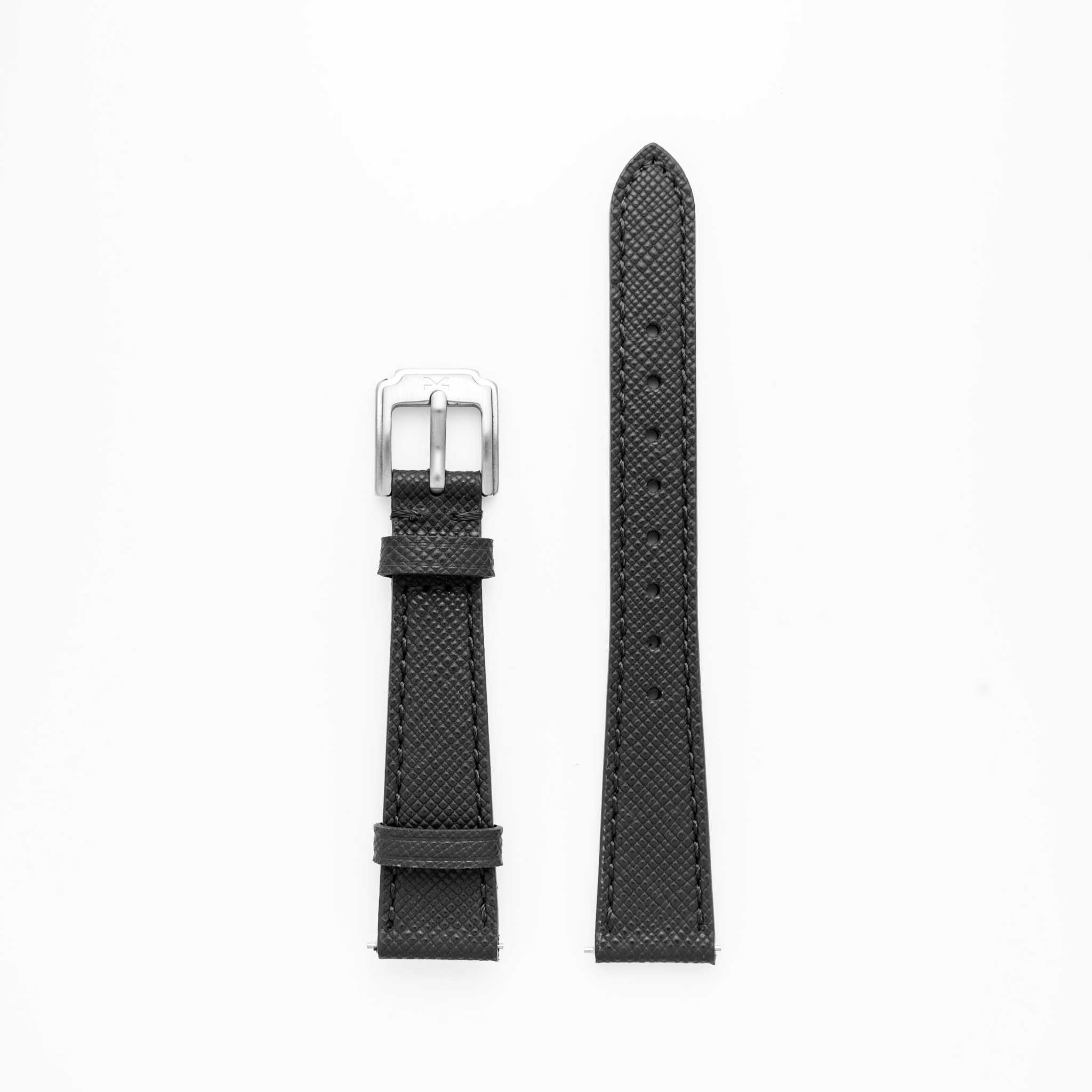 Kennett Saffiano 16MM black leather watch strap with stainless steel buckle.