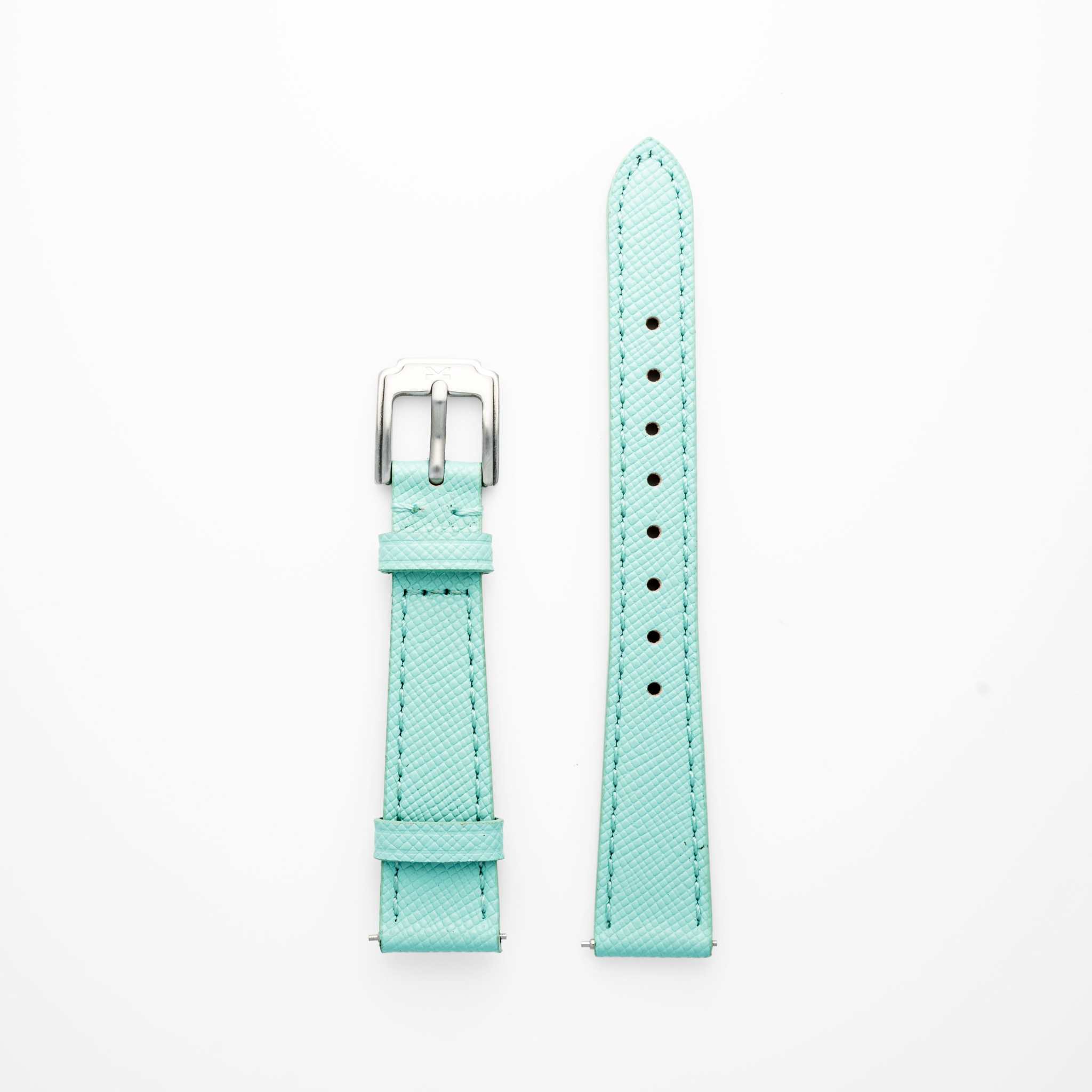 Saffiano leather watch strap in turquoise with silver buckle and quick release, 16MM compatible.