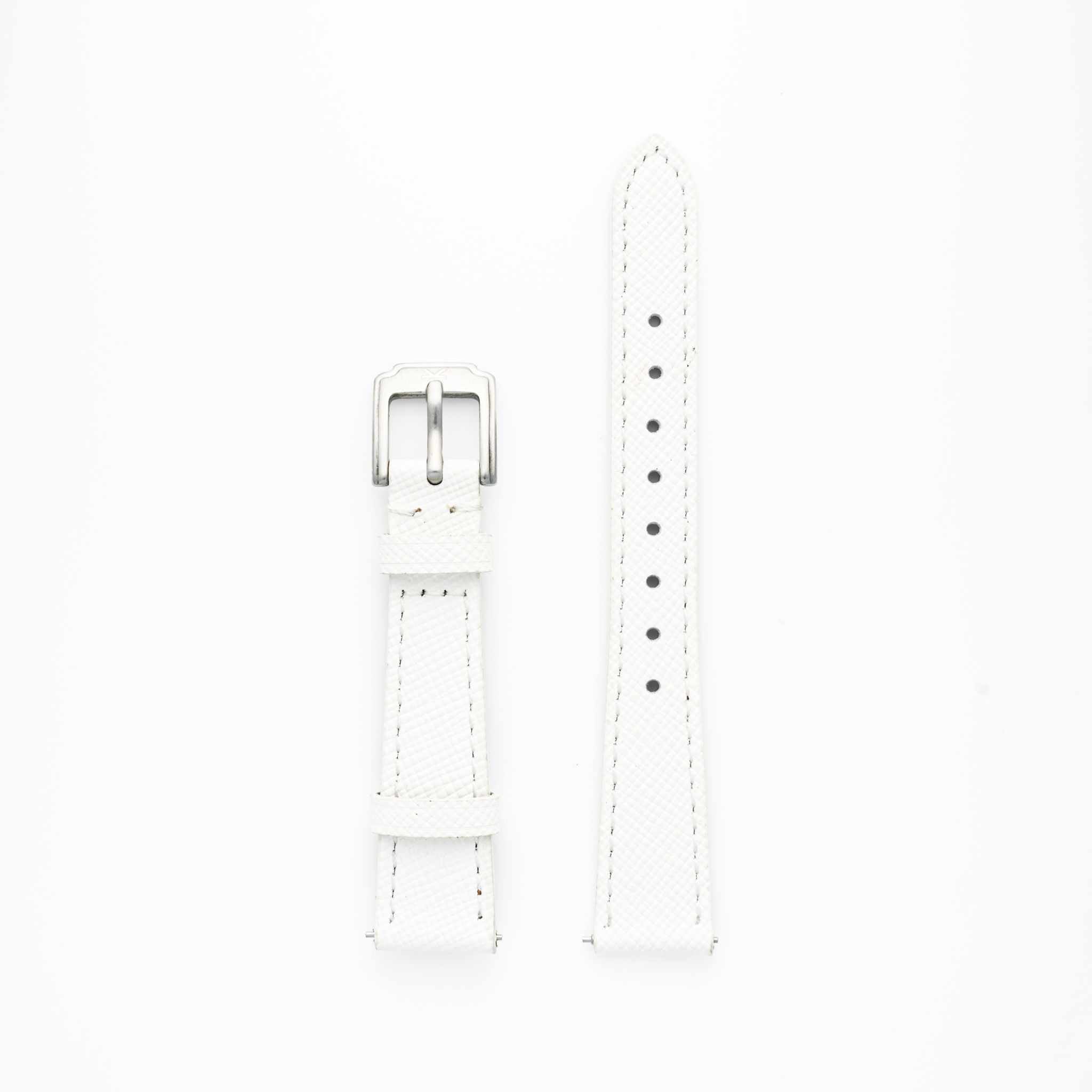 White Saffiano 16MM leather watch strap with quick release and stainless steel buckle.