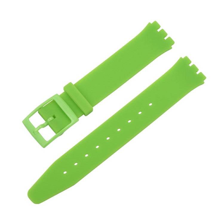 Green compatible Swatch watch strap with buckle, designed for all models, durable quality.