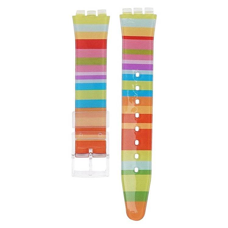 Compatible Swatch® watch strap with vibrant rainbow pattern, durable materials.