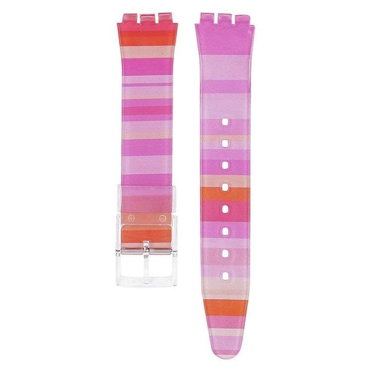 Compatible Swatch® watch straps with vibrant pink and orange striped pattern, designed for all models.