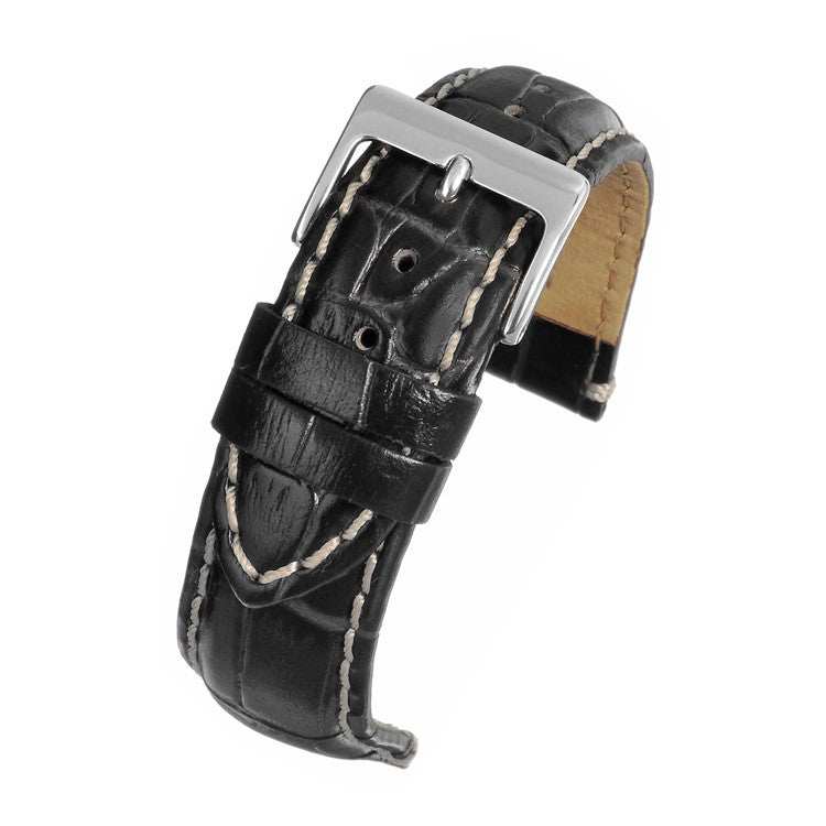 Heavy stitch crocodile grain watch strap with padded design and semi-shine finish.