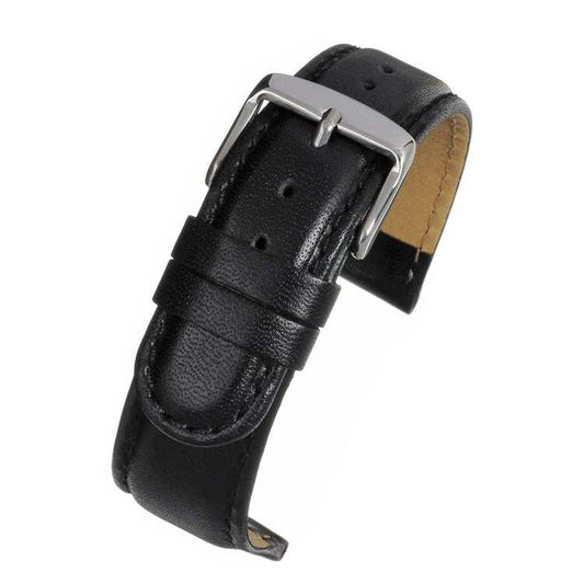 Padded stitched leather watch strap with nubuck lining and stainless steel buckle.