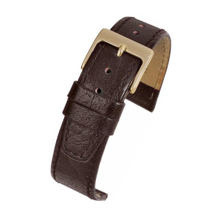 Glazed buffalo grain leather watch strap with semi-shine finish, classic brown color, and vintage style.