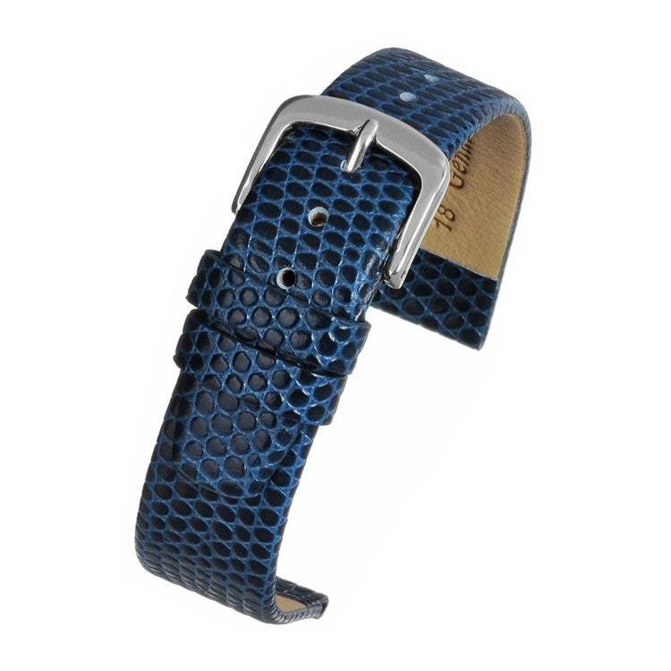 Classic lizard grain watch strap in vibrant blue with polished buckle.