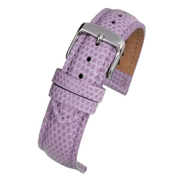 Padded lizard grain watch strap with nubuck lining in lavender color, suitable for medium-sized watches, available in sizes 12mm-18mm.