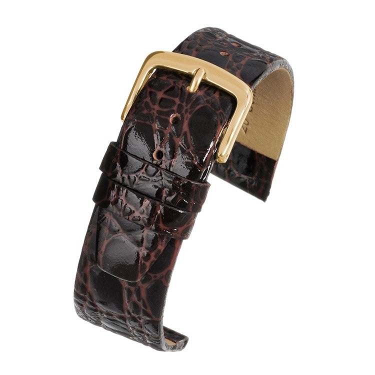 High gloss crocodile grain watch strap with gold buckle, classic vintage style.