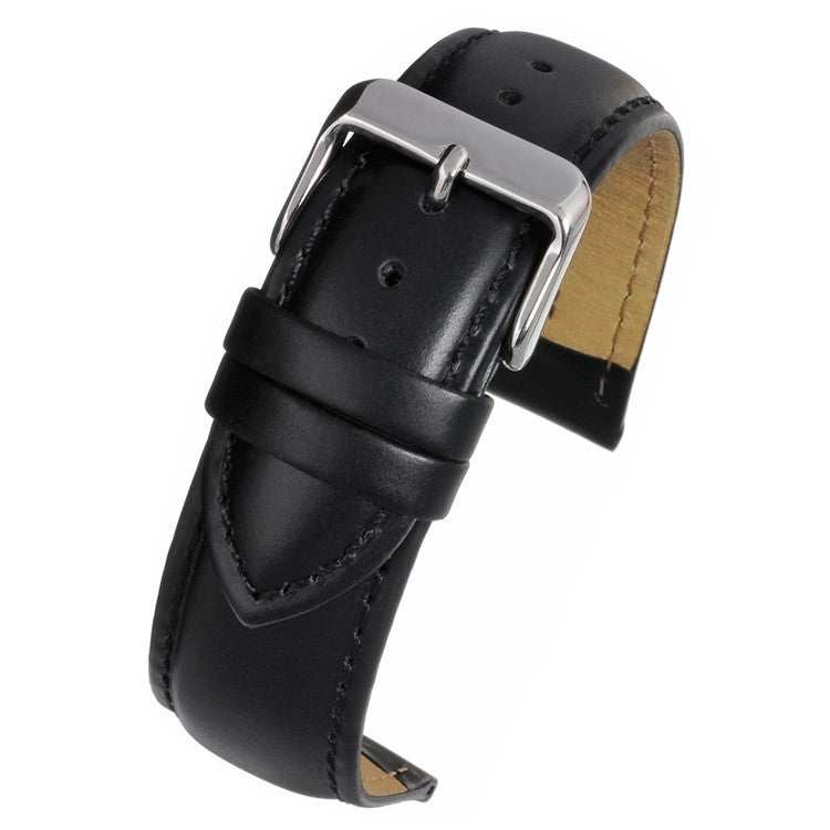 Heavy padded stitched leather watch strap with stainless steel buckle and nubuck lining.