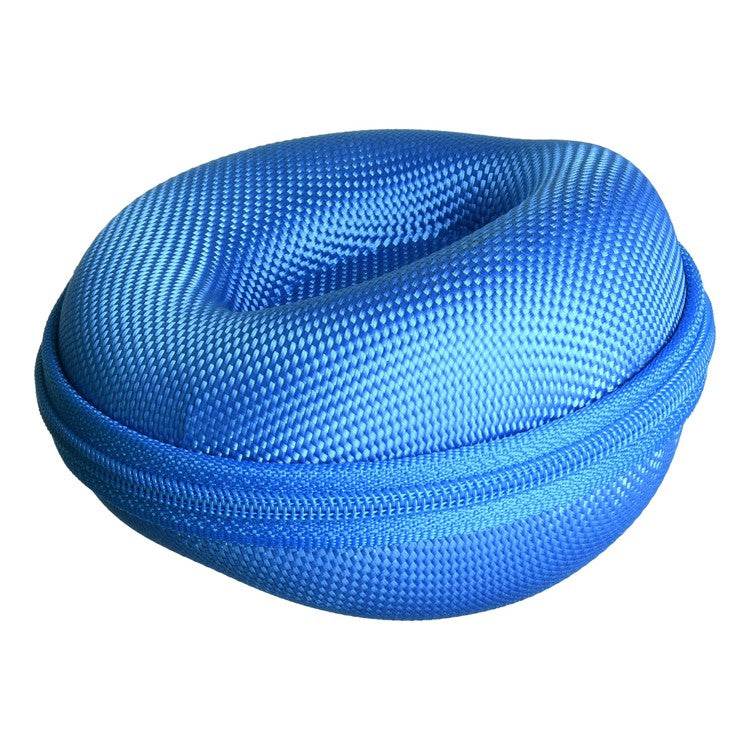 Round blue watch travel case with zip closure and removable foam inserts for custom storage.