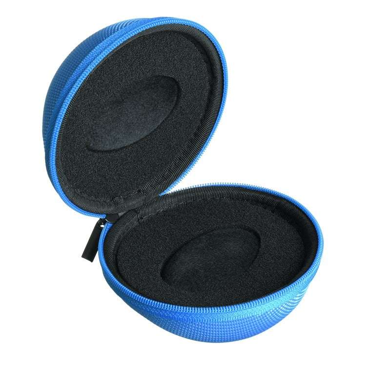 blue Round watch travel case with zip closure and removable foam inserts for protection.