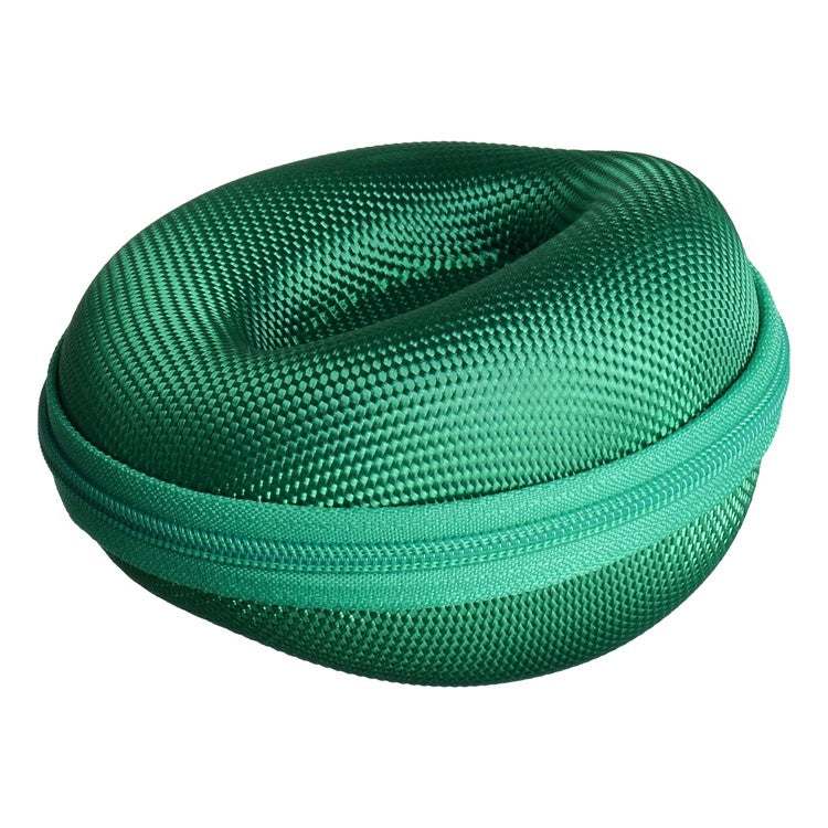 Round green watch travel case with zip closure and textured exterior for durable protection.