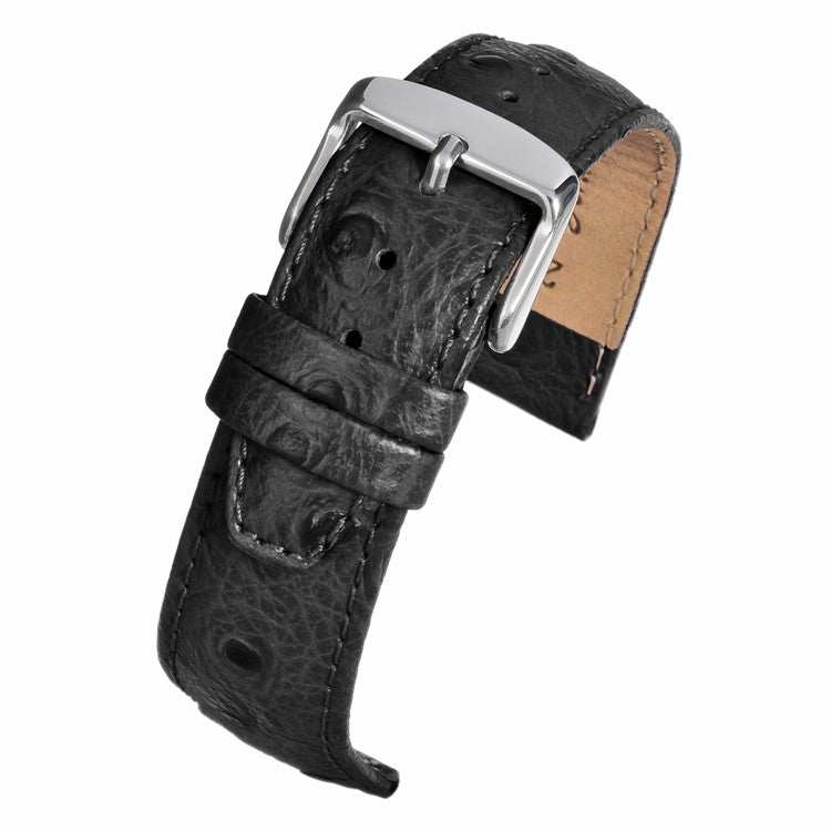 Vibrant ostrich grain leather watch strap with quill texture and stainless steel buckle.