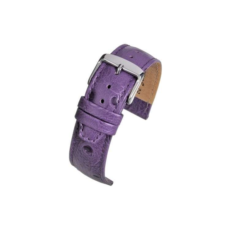 Vibrant purple ostrich grain leather watch strap with quill follicle texture and stainless steel buckle.