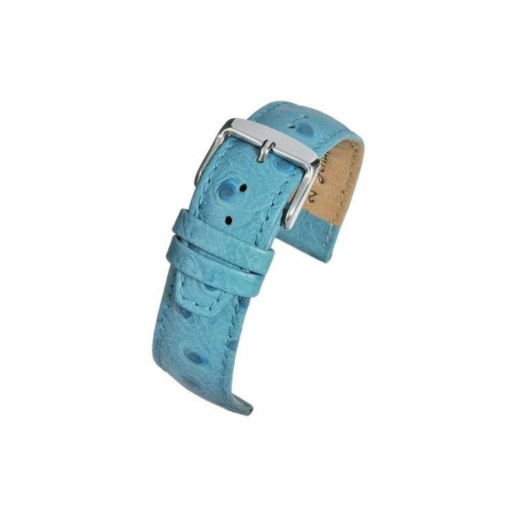 Vibrant ostrich grain leather watch strap with stainless steel buckle and blue design.