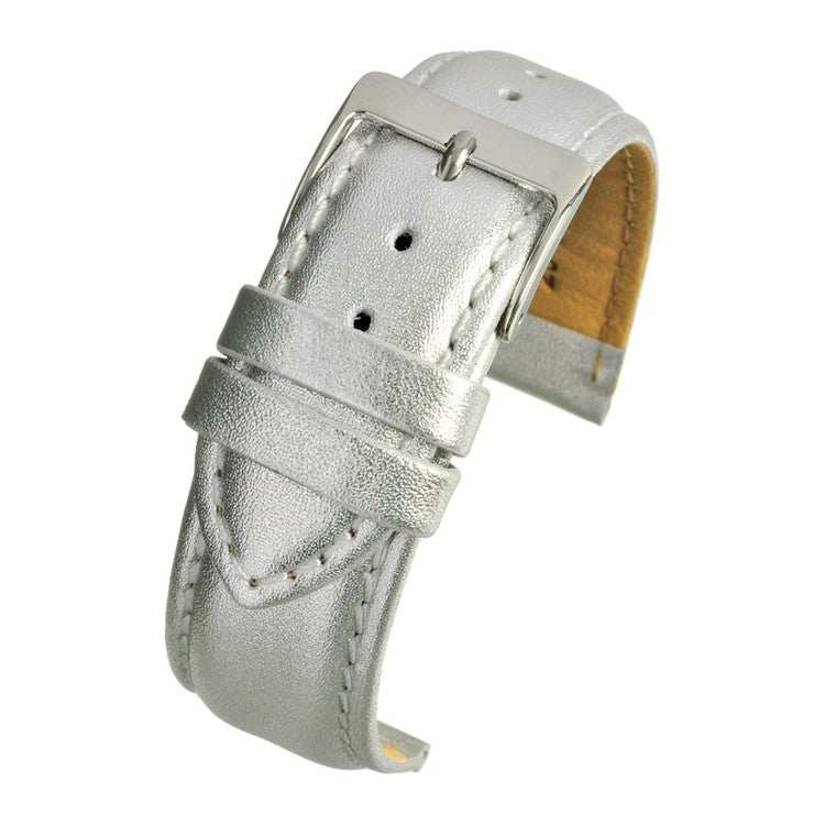 Metallic silver watch strap with stitched edges and nubuck lining, available in 12mm-22mm widths.