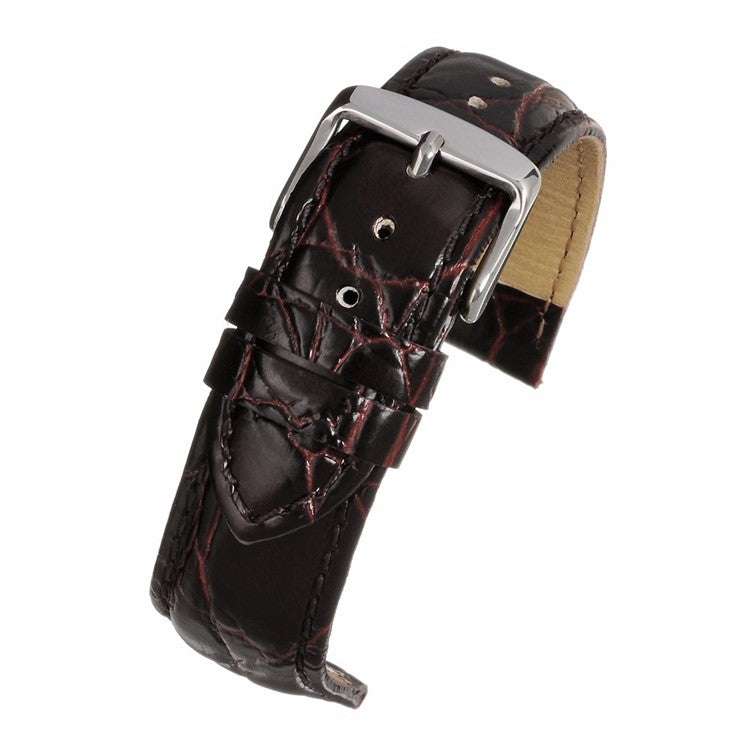 Semi-gloss crocodile grain leather watch strap with stainless steel buckle, available in sizes 8mm to 30mm.