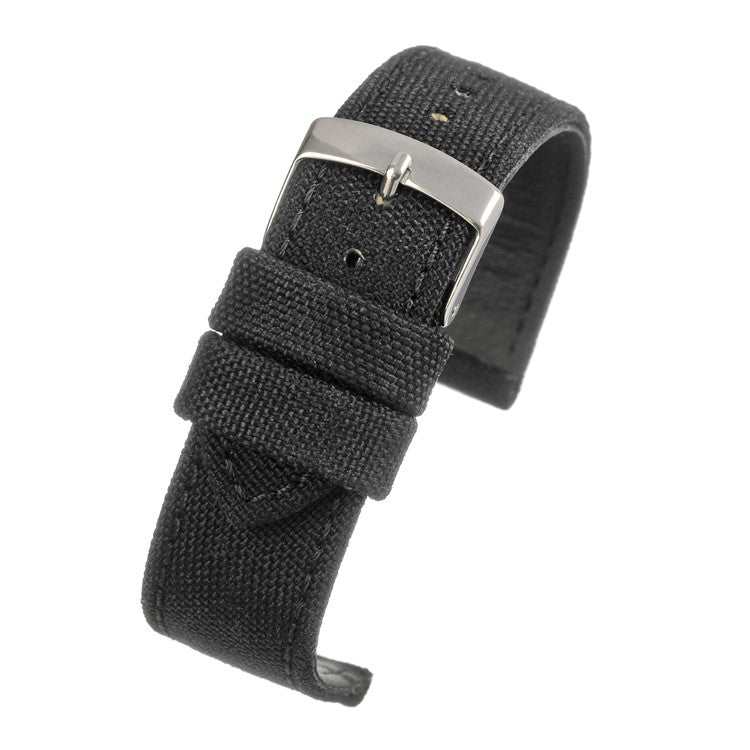 Durable canvas sports watch strap in black, available in sizes 18MM to 24MM, featuring color-matched stitching and rugged design.
