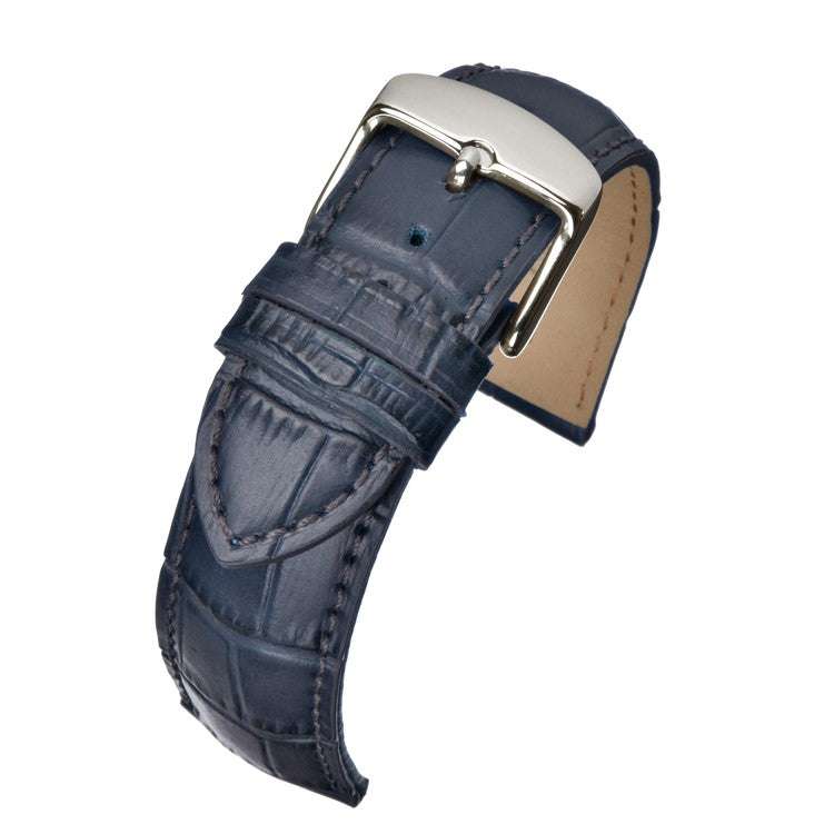 Matte alligator grain leather watch strap with stainless steel buckle, featuring deep-ridged edges and textured design.