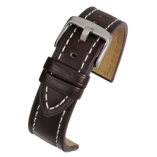 Chunky modern watch strap with contrast stitching and stainless steel buckle.
