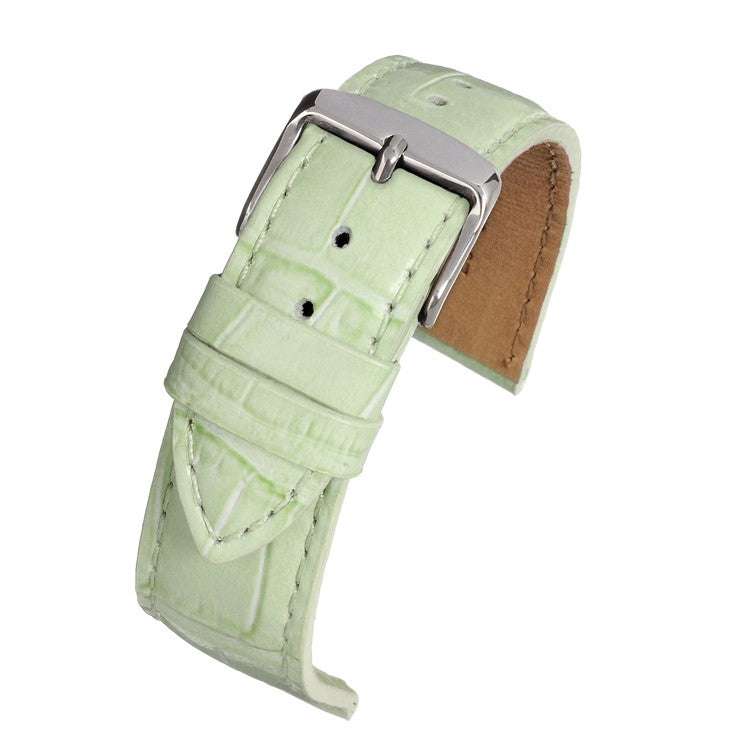Pastel alligator grain watch strap with stainless steel buckle, light green shade, nubuck lining.